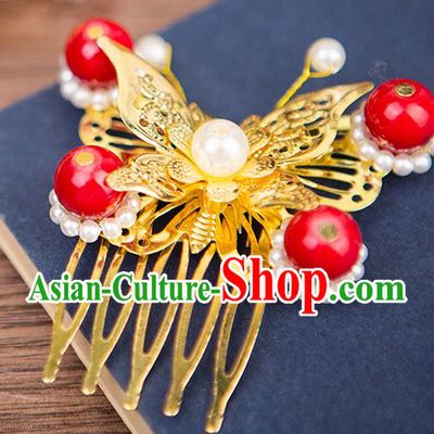 Handmade Chinese Ancient Palace Lady Hair Accessories Hanfu Red Beads Butterfly Hair Comb for Women