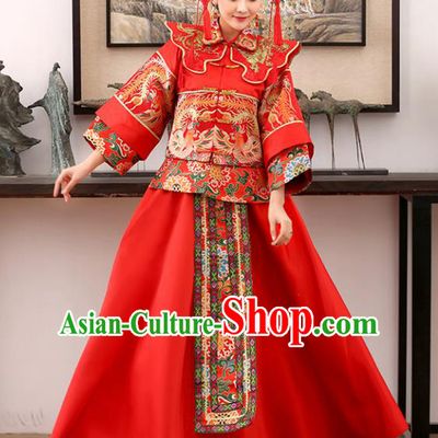 Traditional Ancient Chinese Costume Xiuhe Suits Wedding Bride Embroidered Red Toast Clothing for Women