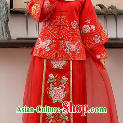 Traditional Ancient Chinese Costume Xiuhe Suits Wedding Embroidered Butterfly Peony Red Toast Clothing for Women