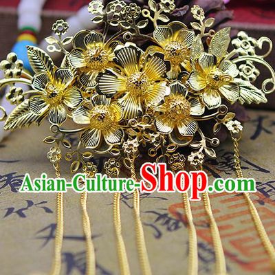 Handmade Chinese Ancient Palace Lady Hair Accessories Hanfu Hairpins Golden Tassel Hair Comb for Women