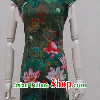 Traditional Ancient Chinese Black Qipao Dress Painting Lotus Green Cheongsam Clothing for Women