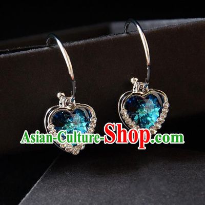 European Western Bride Vintage Blue Crystal Heart Earbob Accessories Renaissance Earrings for Women
