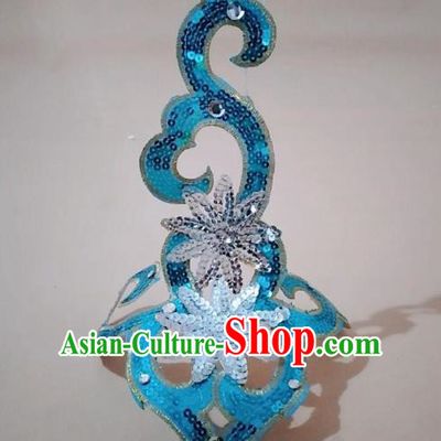 Chinese Classical Dance Yangge Folk Fan Dance Hair Accessories Yangko Blue Paillette Headwear for Women