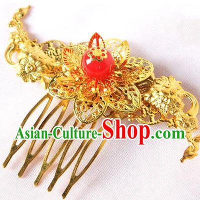 Handmade Asian Chinese Ancient Palace Lady Hair Accessories Hanfu Golden Hair Comb for Women