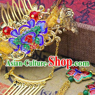 Handmade Asian Chinese Ancient Palace Lady Hair Accessories Hanfu Cloisonne Hair Comb and Earrings for Women
