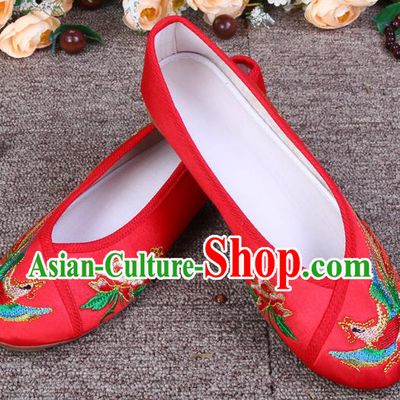 Asian Chinese Wedding Bride Shoes Embroidered Shoes, Traditional China Red Hanfu Shoes for Women