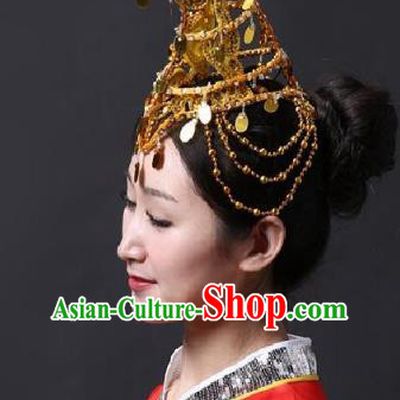 Chinese Classical Yangge Folk Fan Dance Hair Accessories Yangko Golden Paillette Tassel Headwear for Women