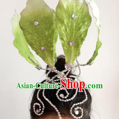 Chinese Classical Yangge Folk Fan Dance Hair Accessories Yangko Green Lotus Headwear for Women