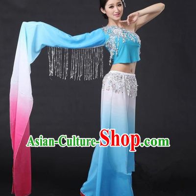 Traditional Chinese Yangge Folk Dance Water Sleeve Costume, China Yanko Dance Blue Clothing for Women