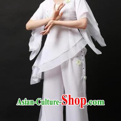 Traditional Chinese Yangge Folk Dance Costume, China Yanko Dance White Clothing for Women