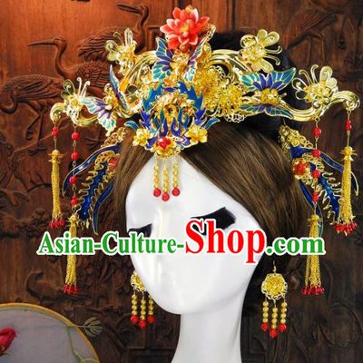Chinese Handmade Classical Hair Accessories Ancient Wedding Headdress Blueing Phoenix Coronet Hairpins for Women