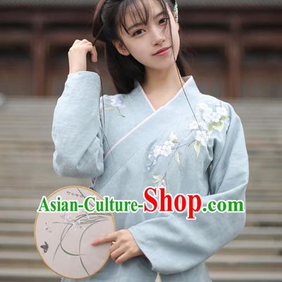 Traditional Chinese National Costume Cheongsam Blouse Tangsuit Embroidered Blue Shirts for Women