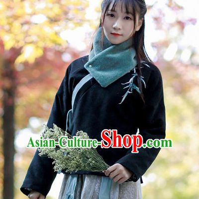 Traditional Chinese National Costume Embroidered Black Blouse Tangsuit Shirts for Women