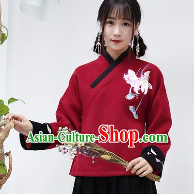 Traditional Chinese National Costume Cheongsam Red Wool Blouse Tangsuit Embroidered Coats for Women