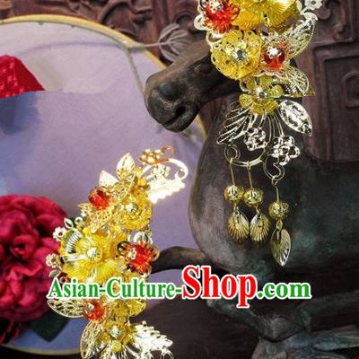 Chinese Handmade Classical Hair Accessories Ancient Wedding Headdress Golden Tassel Hairpins for Women