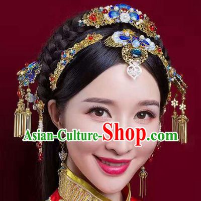 Chinese Handmade Classical Cloisonne Hair Accessories Ancient Wedding Headdress Phoenix Coronet Hairpins for Women