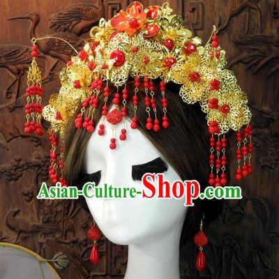 Chinese Handmade Classical Wedding Hair Accessories Ancient Red Beads Phoenix Coronet Headdress for Women