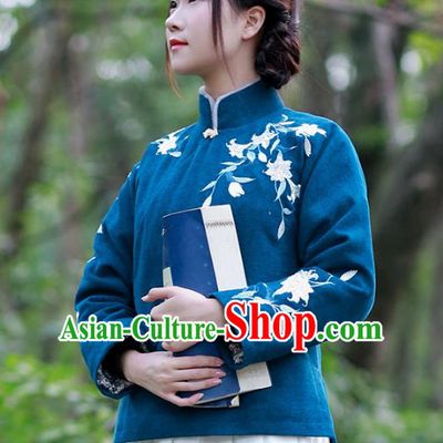 Traditional Chinese National Costume Embroidered Hanfu Navy Cotton-padded Blouse Tangsuit Shirts for Women