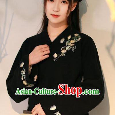 Traditional Chinese National Costume Embroidered Hanfu Black Blouse Tangsuit Shirts for Women