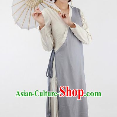 Traditional Chinese National Costume Embroidered Cheongsam Shirts Hanfu Grey Dress for Women