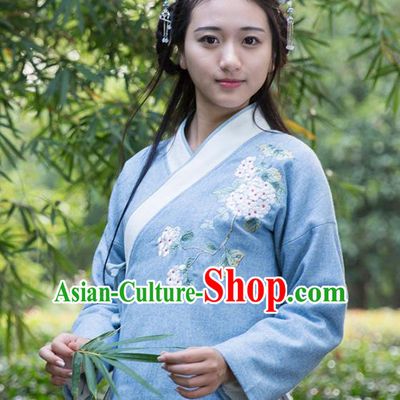 Traditional Chinese National Costume Embroidered Blue Shirts Hanfu Cheongsam Blouse for Women