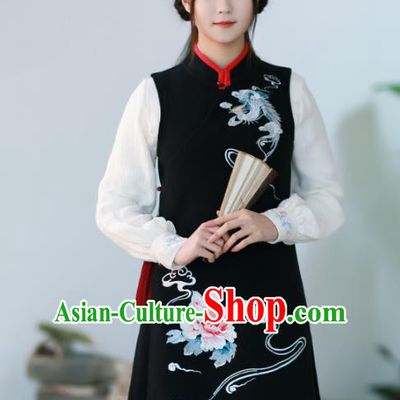 Traditional Chinese National Costume Embroidered Hanfu Black Vests Tang Suit Shirts for Women
