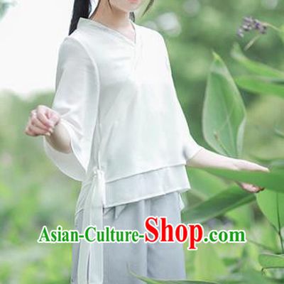 Traditional Chinese National Costume Embroidered White Shirts Hanfu Cheongsam Blouse for Women