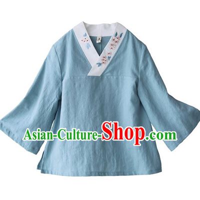 Traditional Chinese National Costume Embroidered Blue Shirts Hanfu Cheongsam Blouse for Women