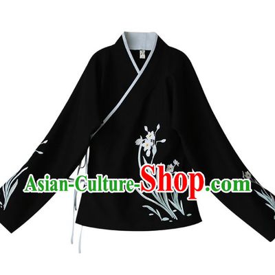 Traditional Chinese National Costume Embroidered Black Shirts Hanfu Cheongsam Blouse for Women