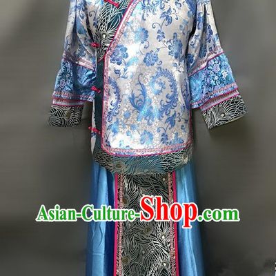 Traditional Chinese Qing Dynasty Young Mistress Costume Ancient Embroidered Blue Xiuhe Suit for Women