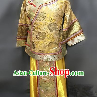Traditional Chinese Qing Dynasty Young Mistress Costume Ancient Embroidered Yellow Xiuhe Suit for Women