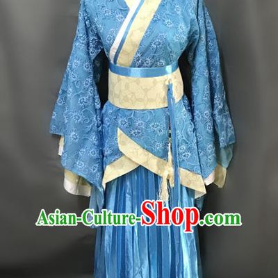 Traditional Chinese Han Dynasty Female Costume Ancient Embroidered Blue Clothing for Women