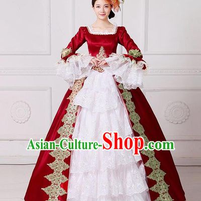 Traditional European Court Princess Renaissance Costume Stage Performance Dance Ball Dowager Wine Red Full Dress for Women
