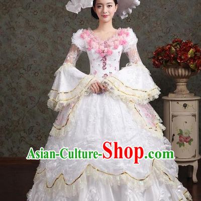 Traditional European Court Noblewoman Renaissance Costume Dance Ball Princess White Bubble Dress for Women