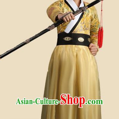 Traditional China Ancient Song Dynasty Imperial Bodyguard Costume Swordsman Yellow Robe Clothing for Men