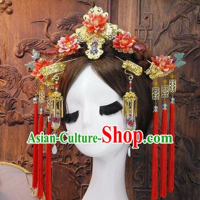 Chinese Handmade Classical Wedding Hair Accessories Ancient Hanfu Red Lotus Phoenix Coronet for Women