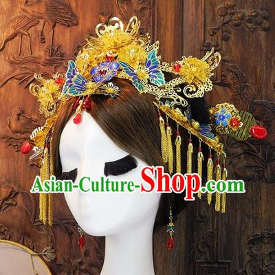 Chinese Handmade Classical Wedding Hair Accessories Ancient Hanfu Hairpins Tassel Butterfly Phoenix Coronet for Women