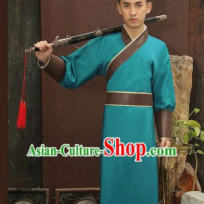 Traditional Chinese Stage Performance Costume Ancient Han Dynasty Swordsman Green Robe for Men