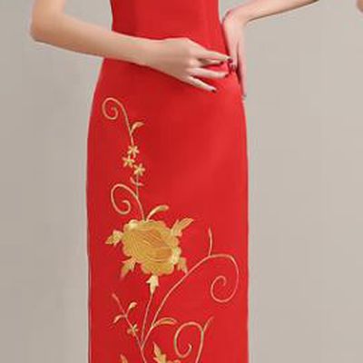 Traditional Chinese National Costume Printing Peony Red Cheongsam Dress for Women