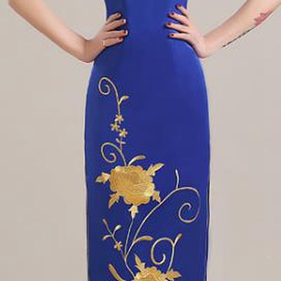 Traditional Chinese National Costume Printing Peony Royalblue Cheongsam Dress for Women