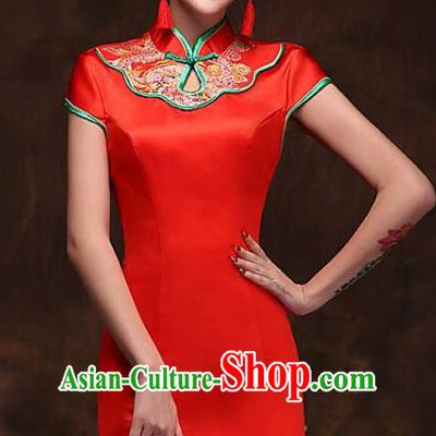 Traditional Chinese National Wedding Costume Red Cheongsam Dress for Women