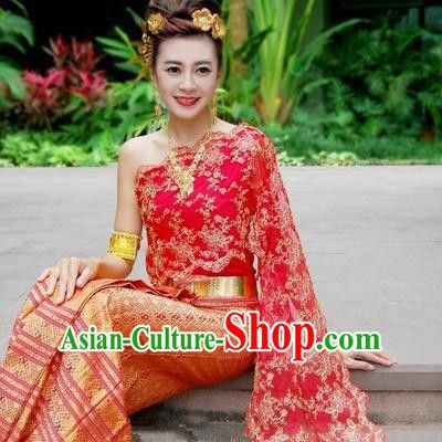 Traditional Asian Thailand Stage Performance Costume National Red Dress for Women