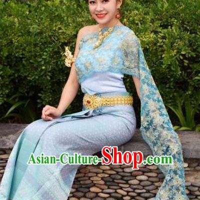 Traditional Asian Thailand Stage Performance Costume National Blue Dress for Women