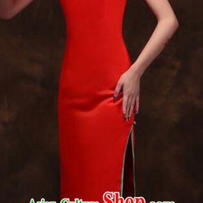 Traditional Chinese National Wedding Costume Red Long Cheongsam Dress for Women