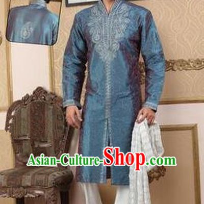 Traditional Asian India Stage Performance Peacock Blue Costume Hindustan Indian Prince National Clothing for Men