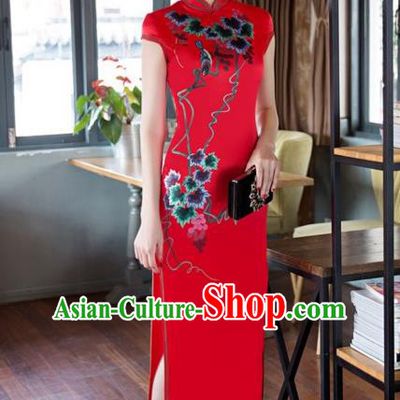 Traditional Chinese National Wedding Costume Printing Red Cheongsam Dress for Women