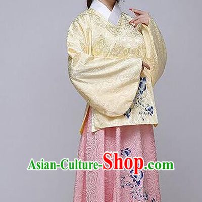 Traditional China Ancient Ming Dynasty Princess Costume Hanfu Yellow Blouse and Pink Skirt for Women