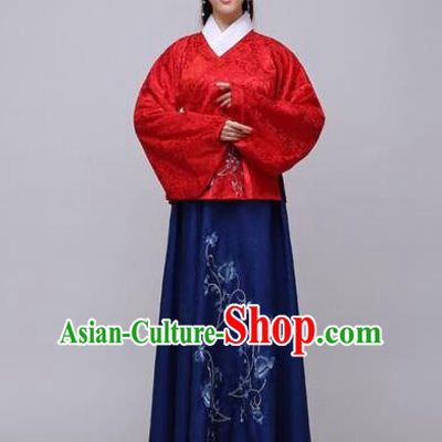 Traditional China Ancient Ming Dynasty Princess Costume Hanfu Red Blouse and Navy Skirt for Women