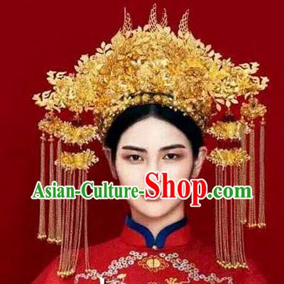 Chinese Handmade Classical Hair Accessories Ancient Wedding Hanfu Golden Phoenix Coronet Headwear for Women