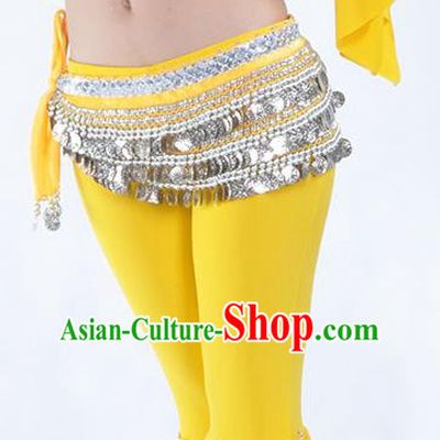 Asian Indian Belly Dance Argent Paillette Waistband Accessories India National Dance Yellow Belts for Women